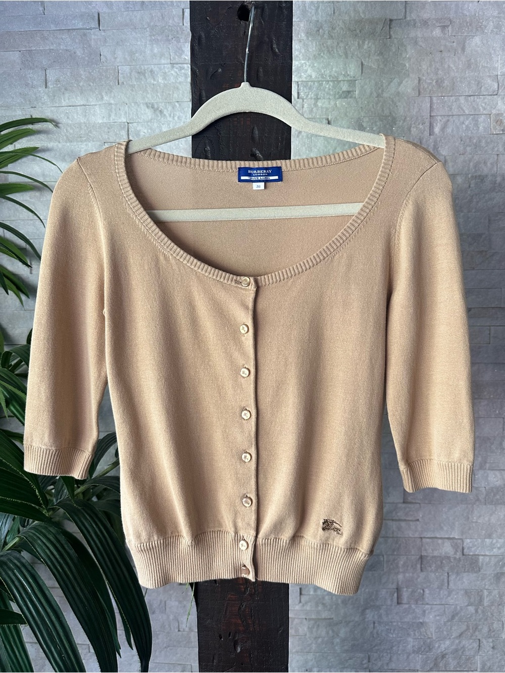 Burberry Blue Label Tan Short-Sleeve Button Cardigan Sweater Size Small